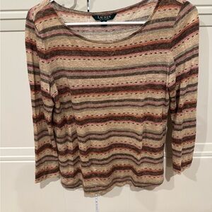 Ralph Lauren Striped Long Sleeve Scoop Neck Top in Beige, Pink & Brown Petite M